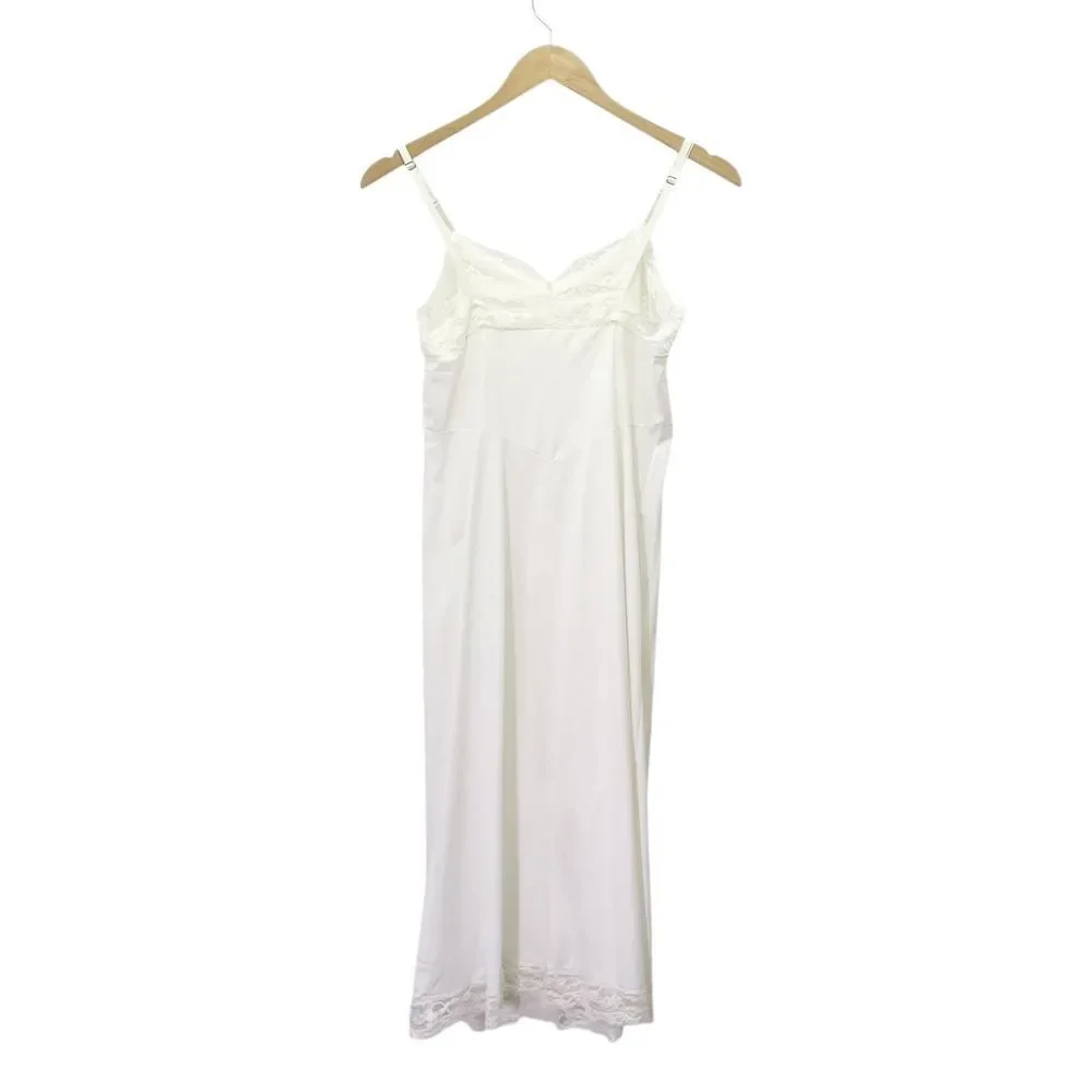 Vintage White Nylon Full Slip Lace Trim Adjustable Straps 1950s Era Lingerie